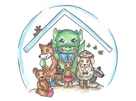 Logo: Drache Fritzi - und sein Wunsch, dass alle Kinder glücklich sind.